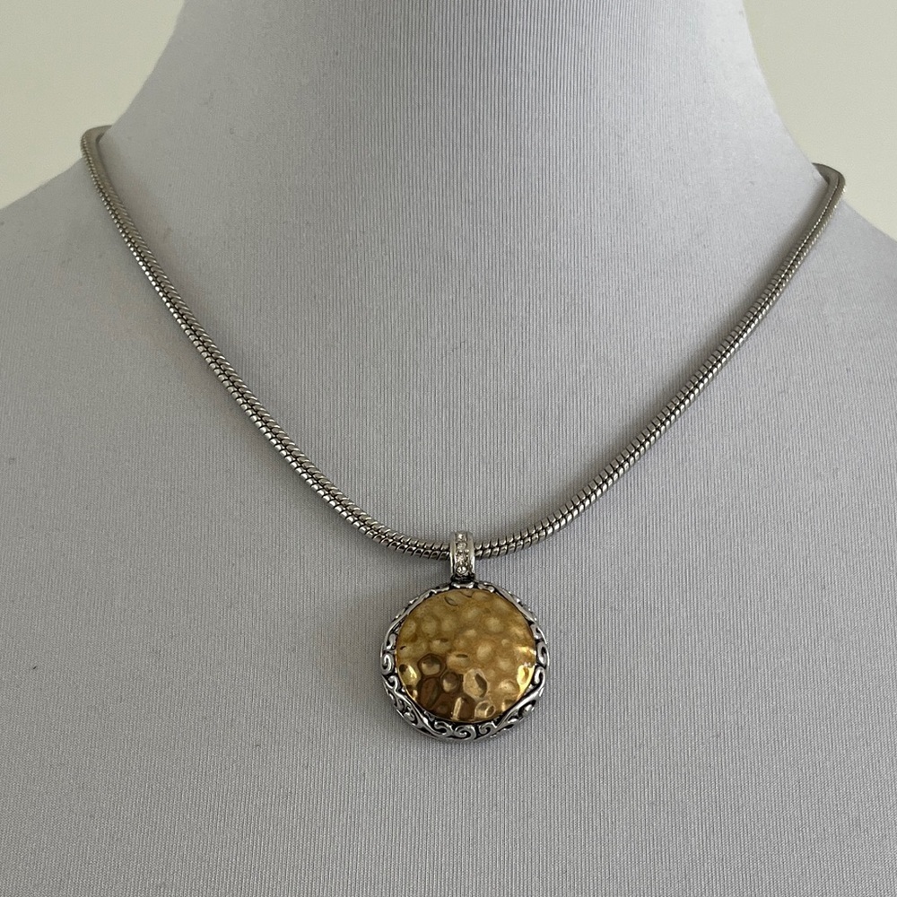 NECKLACE Hammered Gold Tone Circle Pendant Silver Tone Heavy Snake Chain Elegant